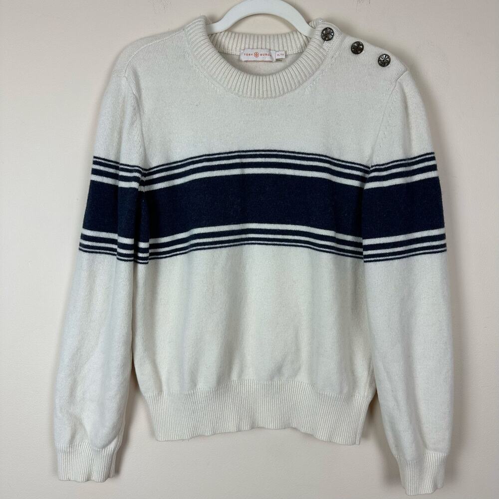 Tory Burch Womens Wool Sweater Size XL Striped Nautical Preppy Old Money Coastal